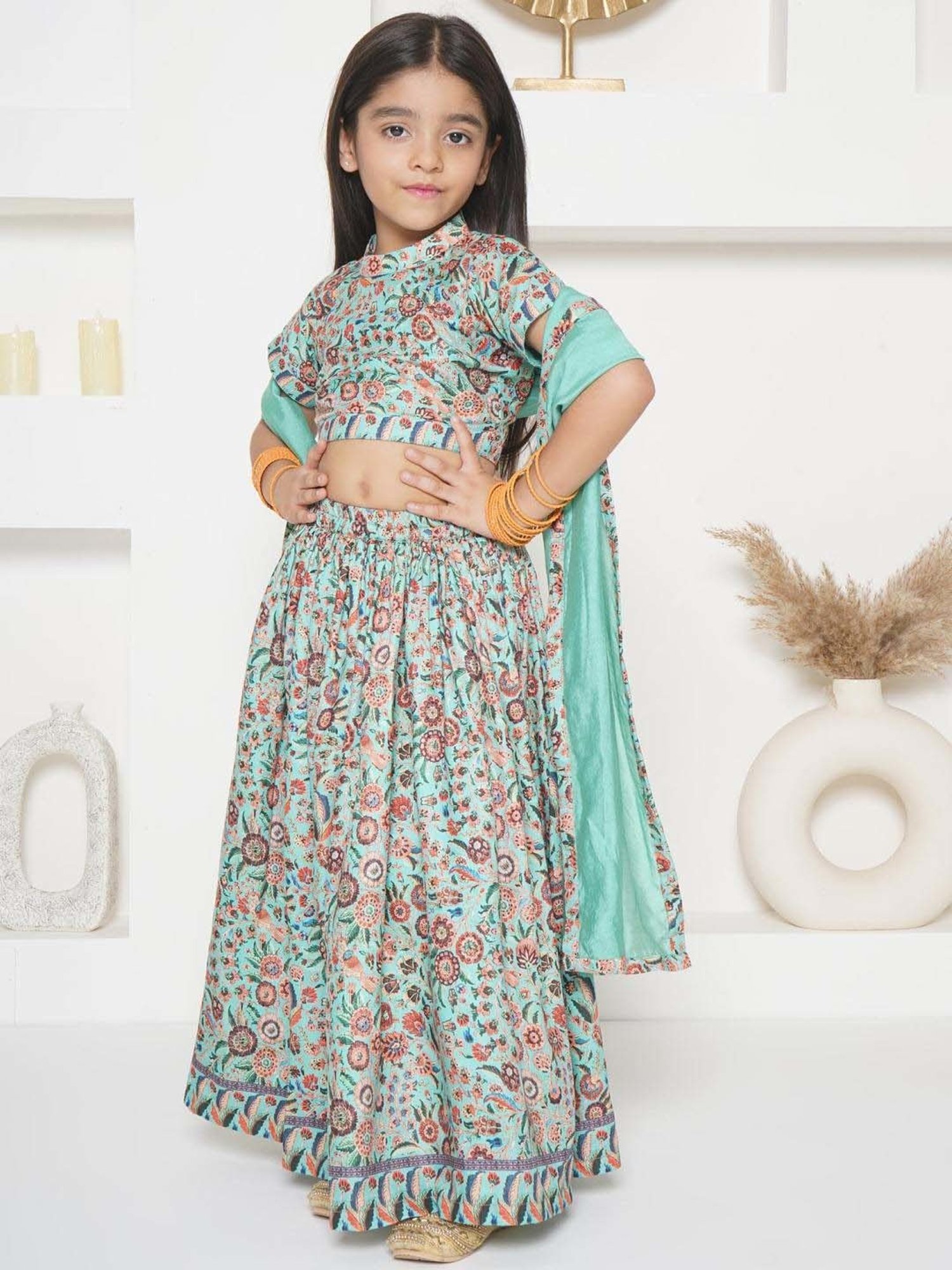 A Little Fable Kids Blue Printed Lehenga with Choli & Dupatta