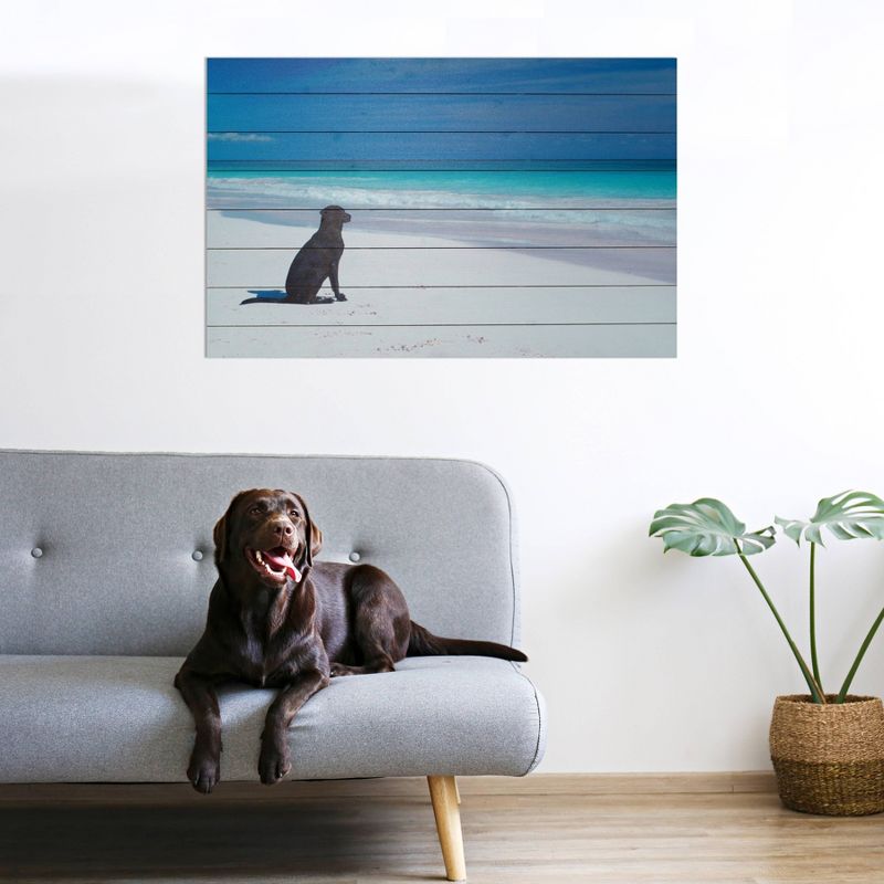 24" x 36" Dog on Beach Print on Planked Wood Wall Sign Panel Blue - Gallery 57