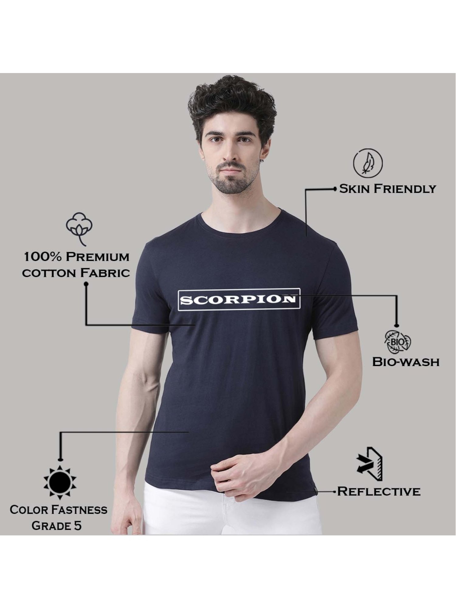 Friskers Navy Blue Cotton Slim Fit Printed T-Shirt