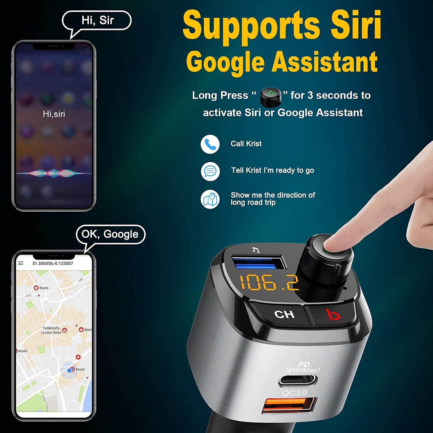 Bluetooth 5.0 FM car transmitter, QC3.0+Type-C PD 18W wireless Bluetooth FM radio adapter bass music player FM car kit, with hands-free call and 3 USB port chargers to support USB driver