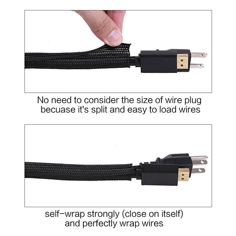 10ft 12 inch Cable Management Sleeve Wire Loom Cord Protector Self Wrap Cable Sleeve Split Sleeving Cord Organizer For TV Computer Automotive Office Home Entertainment Black