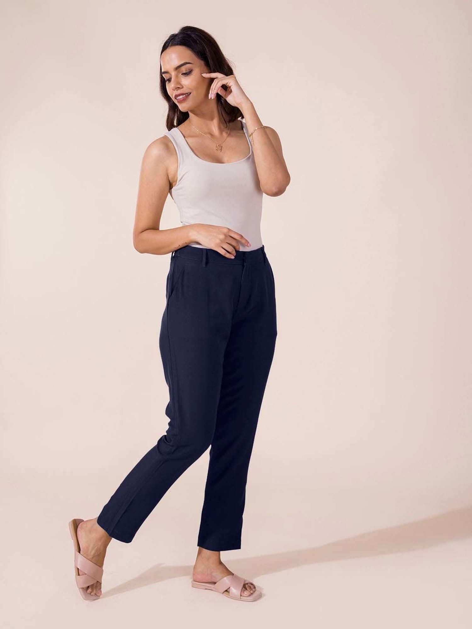 Go Colors! Navy Mid Rise Formal Trousers