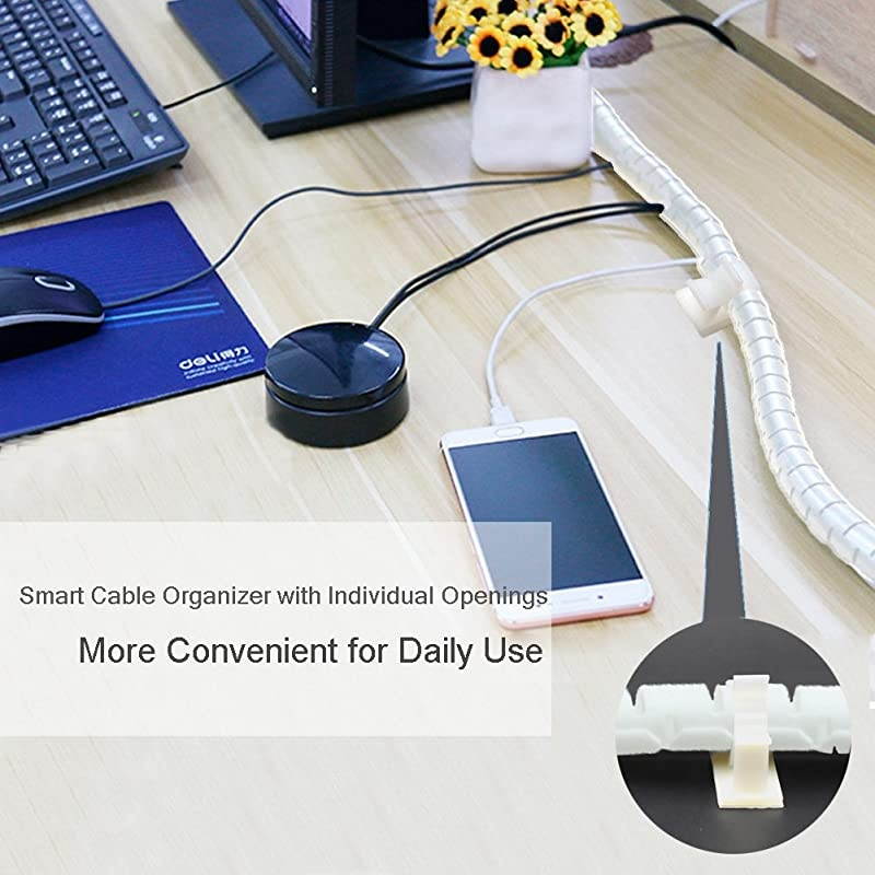 White Cable Wire Cover Cord Management Sleeve Electrical Wire Organizer Holder  Reusable Expandable Desktop Spiral Tube Wire Hider with BONUS Clips For TV Computer Home Entertainment