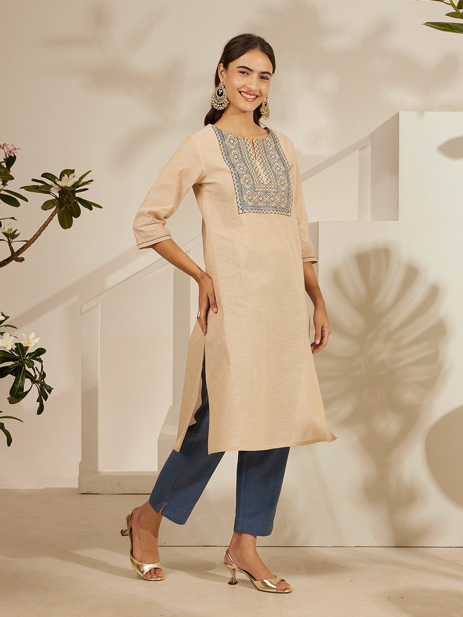 Daali Beige Mangalgiri Round Neck 3/4 Sleeves Smart Formals Kurta with Two Pockets