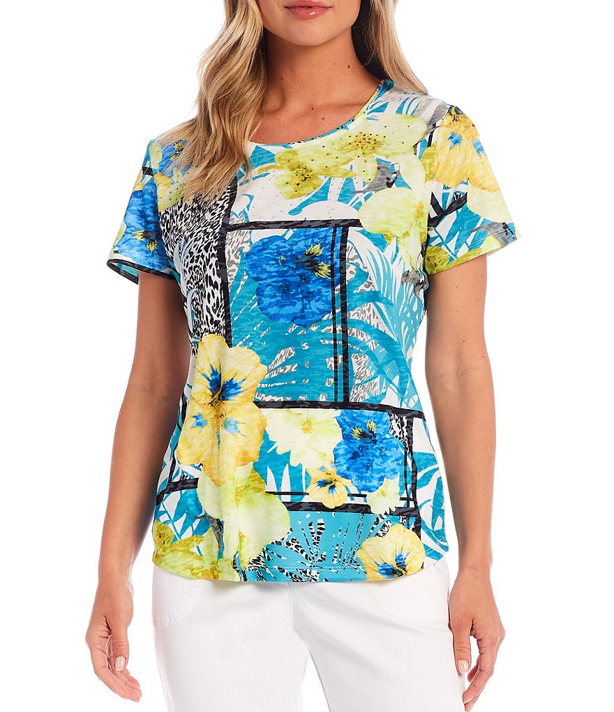 Allison Daley Hibiscus Patchwork Print Embellished Front Detail Crew Neck Short Sleeve Top