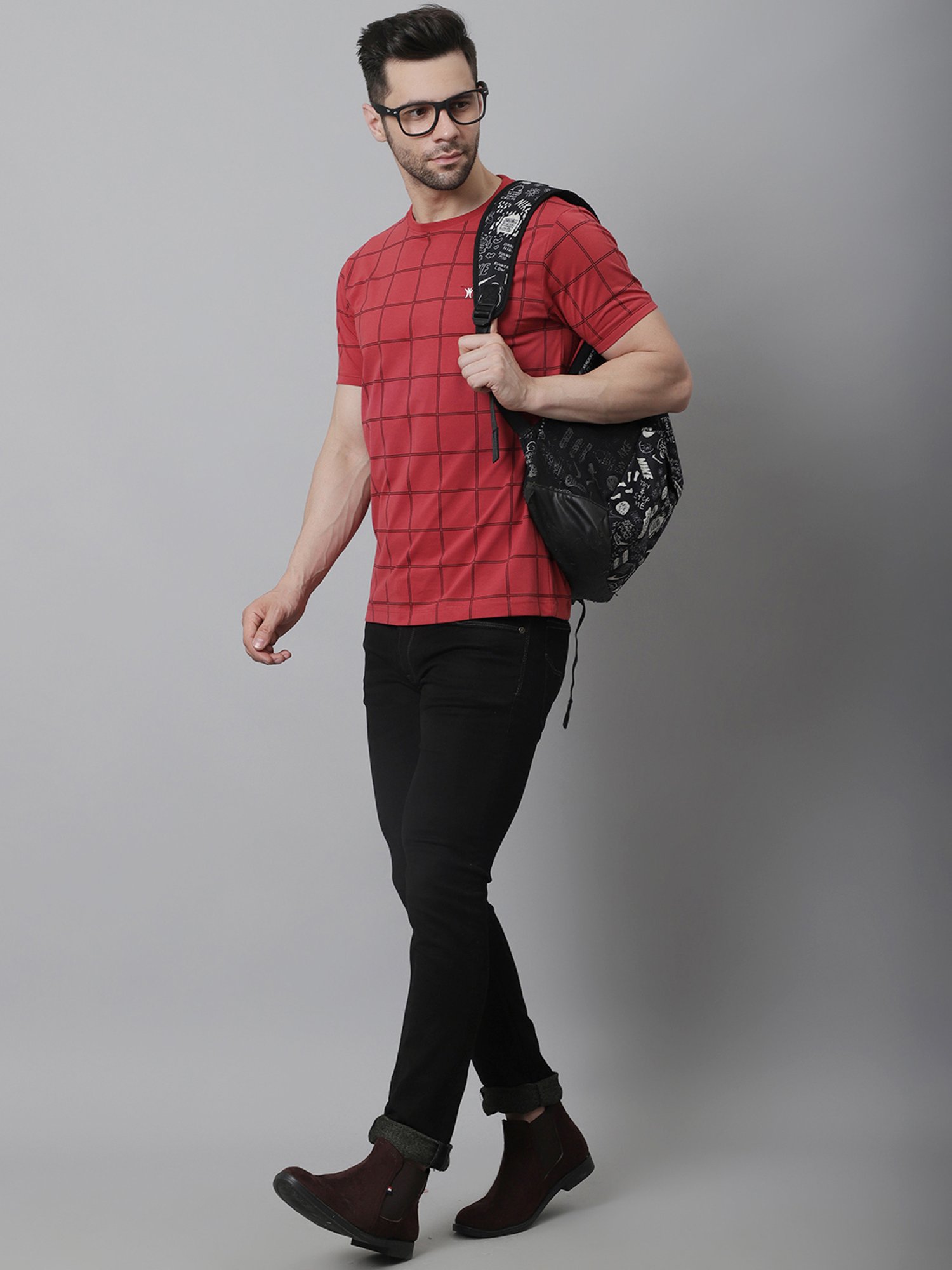 Venitian- Forbidden Clothing Red Slim Fit Check Crew T-Shirt