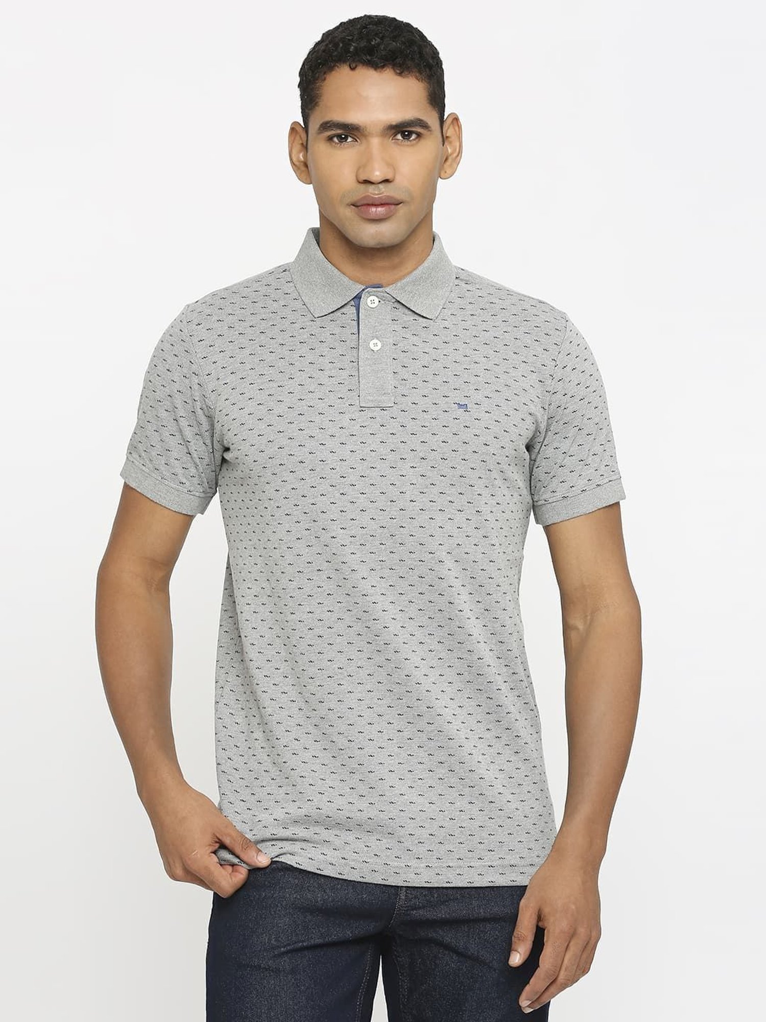 Basics Grey Cotton Muscle Fit Printed Polo T-Shirt