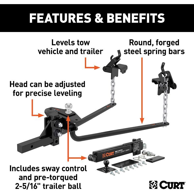Curt 17222 Round Bar Weight Distribution Hitch with 2-5/16 Inch Ball, 2 Inch Shank, and 14000 Pounds Maximum Weight Capacity, Black