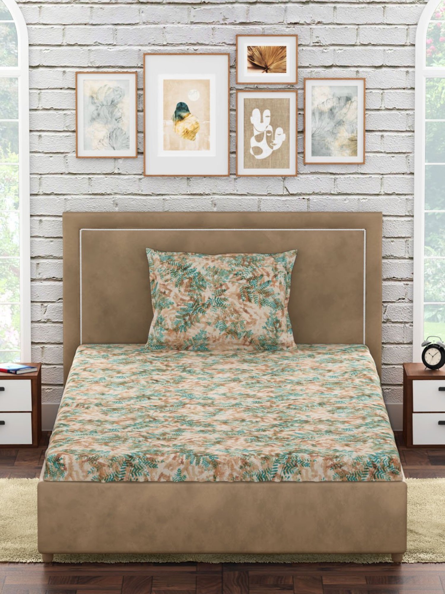 Petal Home Fern Floral Orange 300 TC Cotton Single Bed Sheet with 1 Pillow Cover