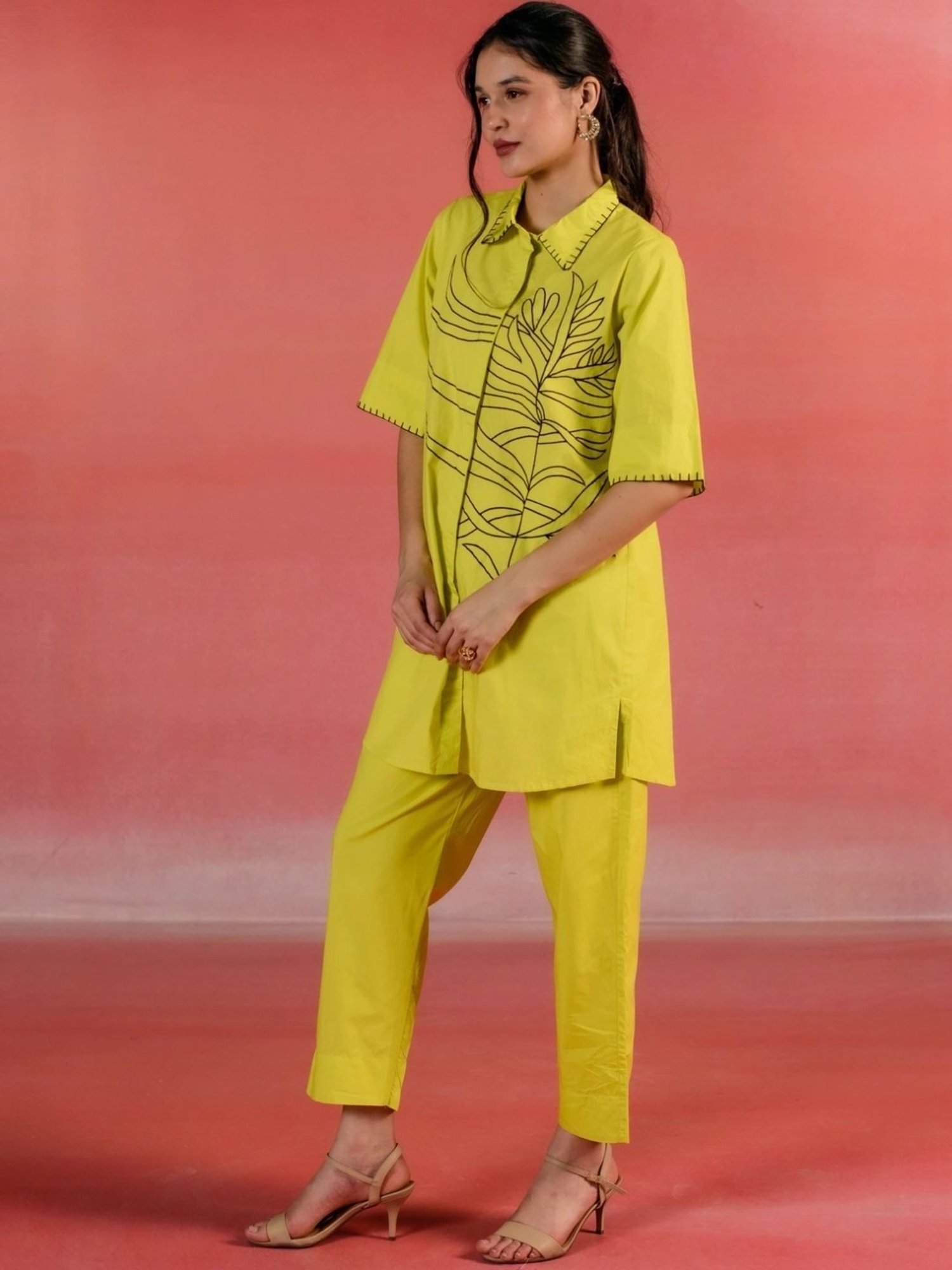Kameez by Pooja Lemon Yellow Embroidered Poplin Shirt with Pant Co-ord Set