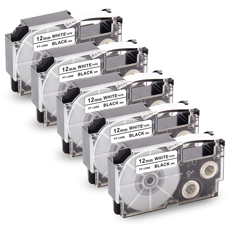 Replacement for Casio XR12WE 12mm Label Tape for Casio KL60 KL100 KL120 KL750 KL780 KLG2 KL1500 KL2000 KL7000 KL7200 KL130 KL820 EZ Label Maker 12quot x 262 Black on White 5Pack