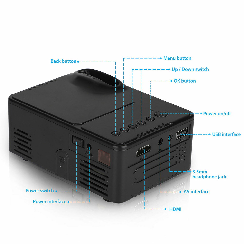 UKCOCO Mini Projector Portable 16:9 Full HD 1080p LED Screen Multimedia Movie Projector 80" Display Home Theater Cinemae w/HDMI/AV/USB Ports