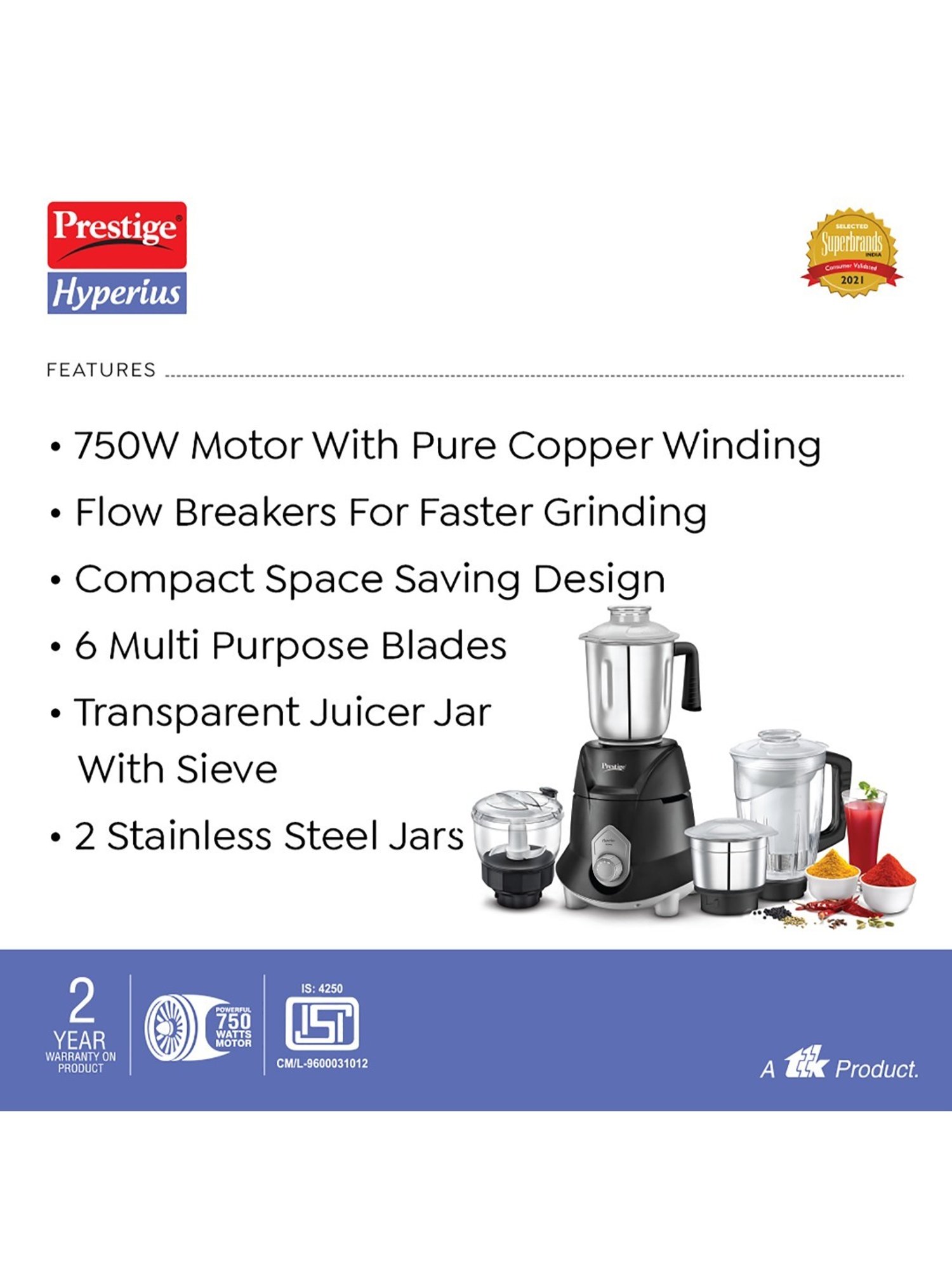 Prestige Hyperius Black 750W Mixer Grinder with 3 Stainless Steel Jars