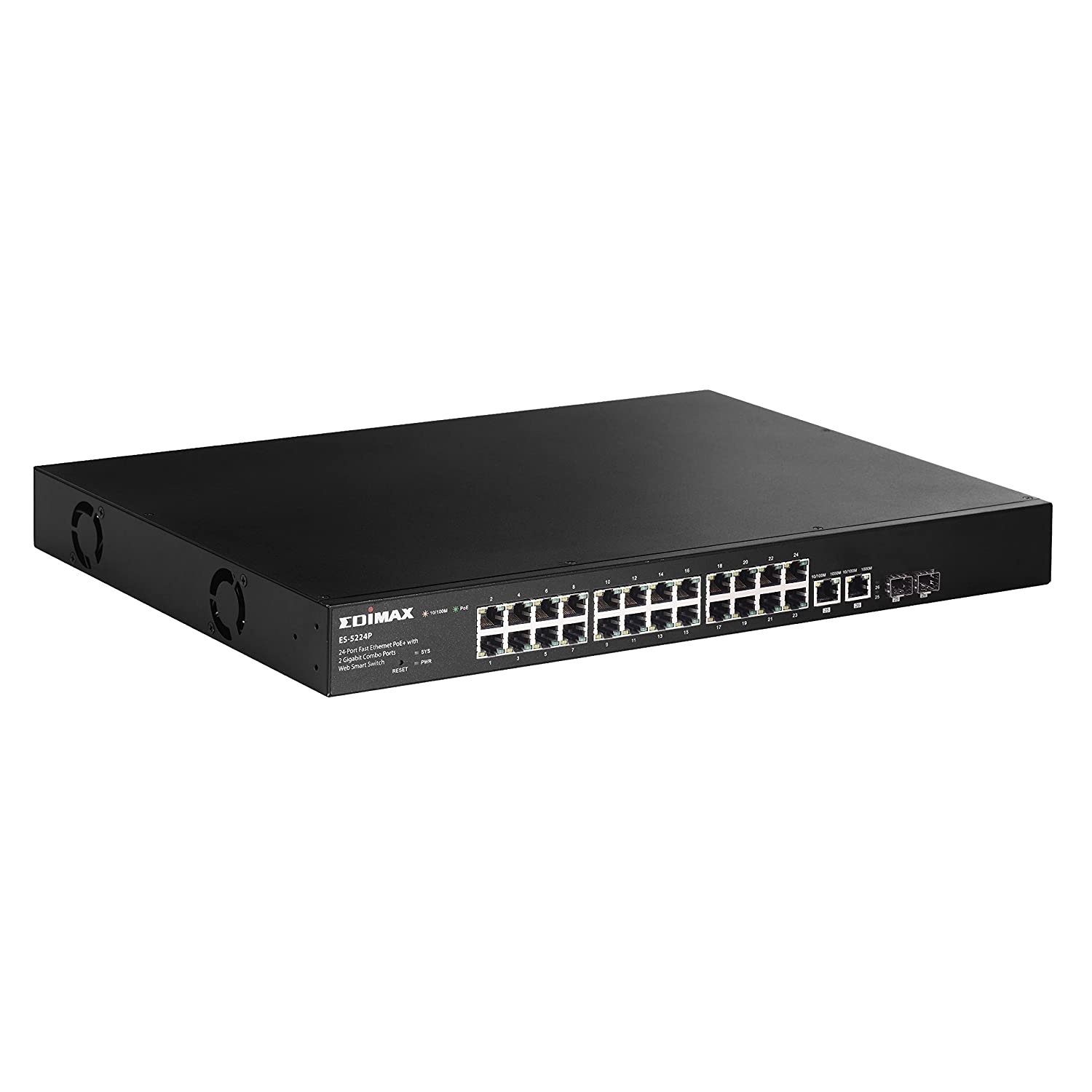Edimax ES-5224P, 24-Port Fast Ethernet PoE+ with 2 Gigabit Combo Ports Web-Smart Switch, Supports 24 10/100Mbps Fast Ethernet PoE+ Ports and 2 10/100/1000Mbps Combo Ports,Automatically detects Power