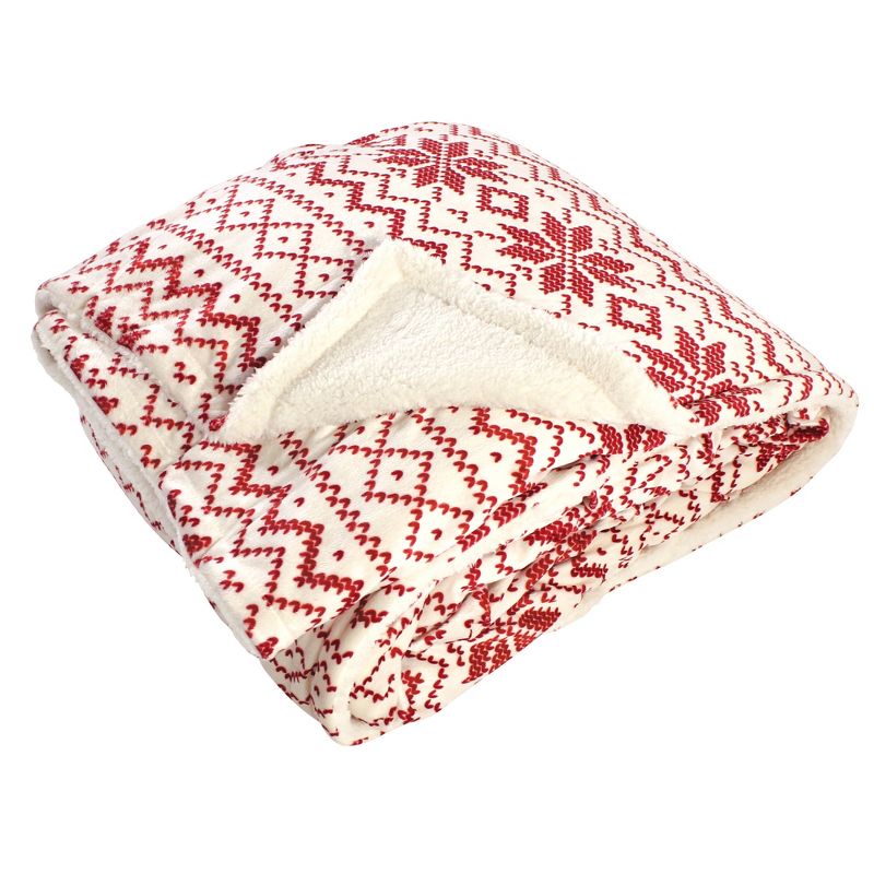 Hudson Home Collection Home Mink Blanket with Sherpa Back, Red Fair Isle Sherpa, 90X90 In. (Full Queen)