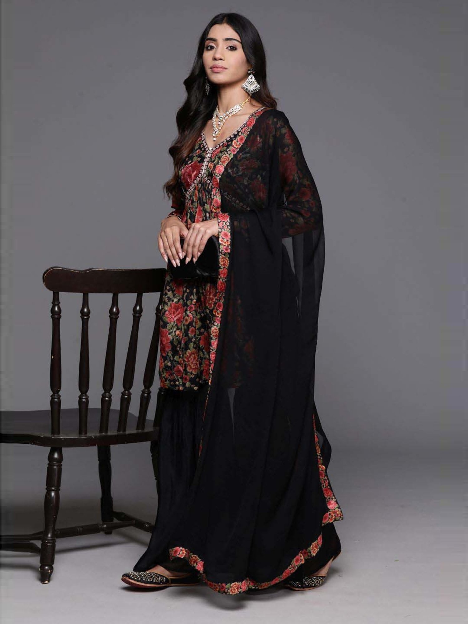 Libas Black Printed Kurti Sharara Set With Dupatta
