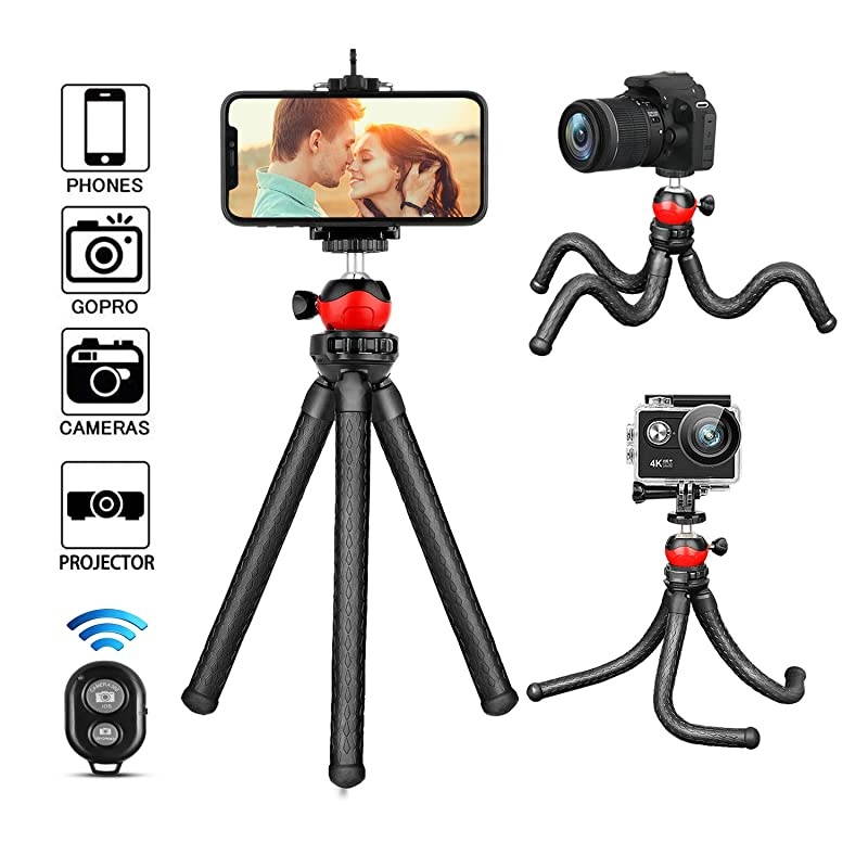 Phone Tripod, Portable and Adjustable Flexible Tripod with Wireless Remote and Universal Phone Mount Compatible with iPhone Android Phone Sports Camera