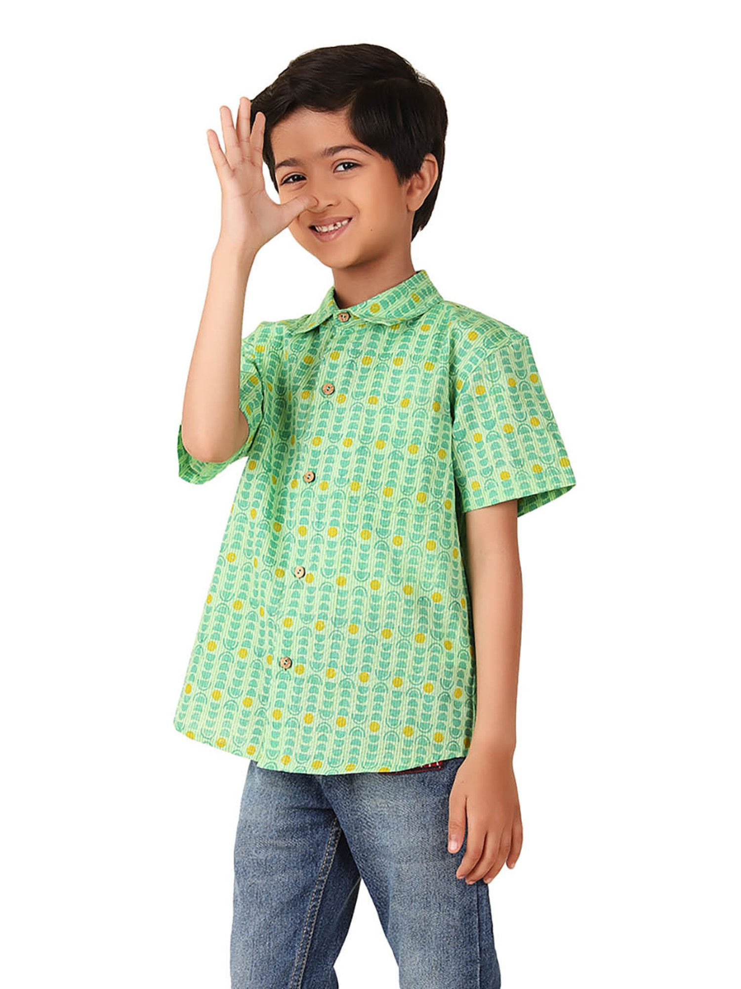 Fabindia Kids Green Printed Shirt
