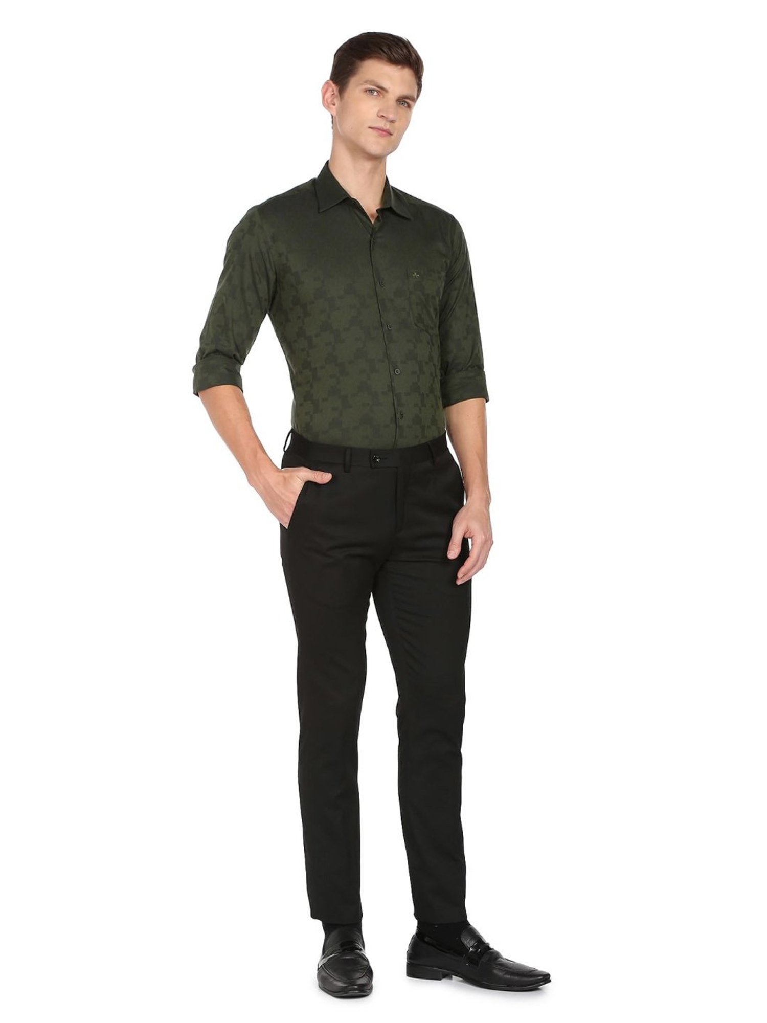Arrow New York Medium Green Cotton Slim Fit Texture Shirt