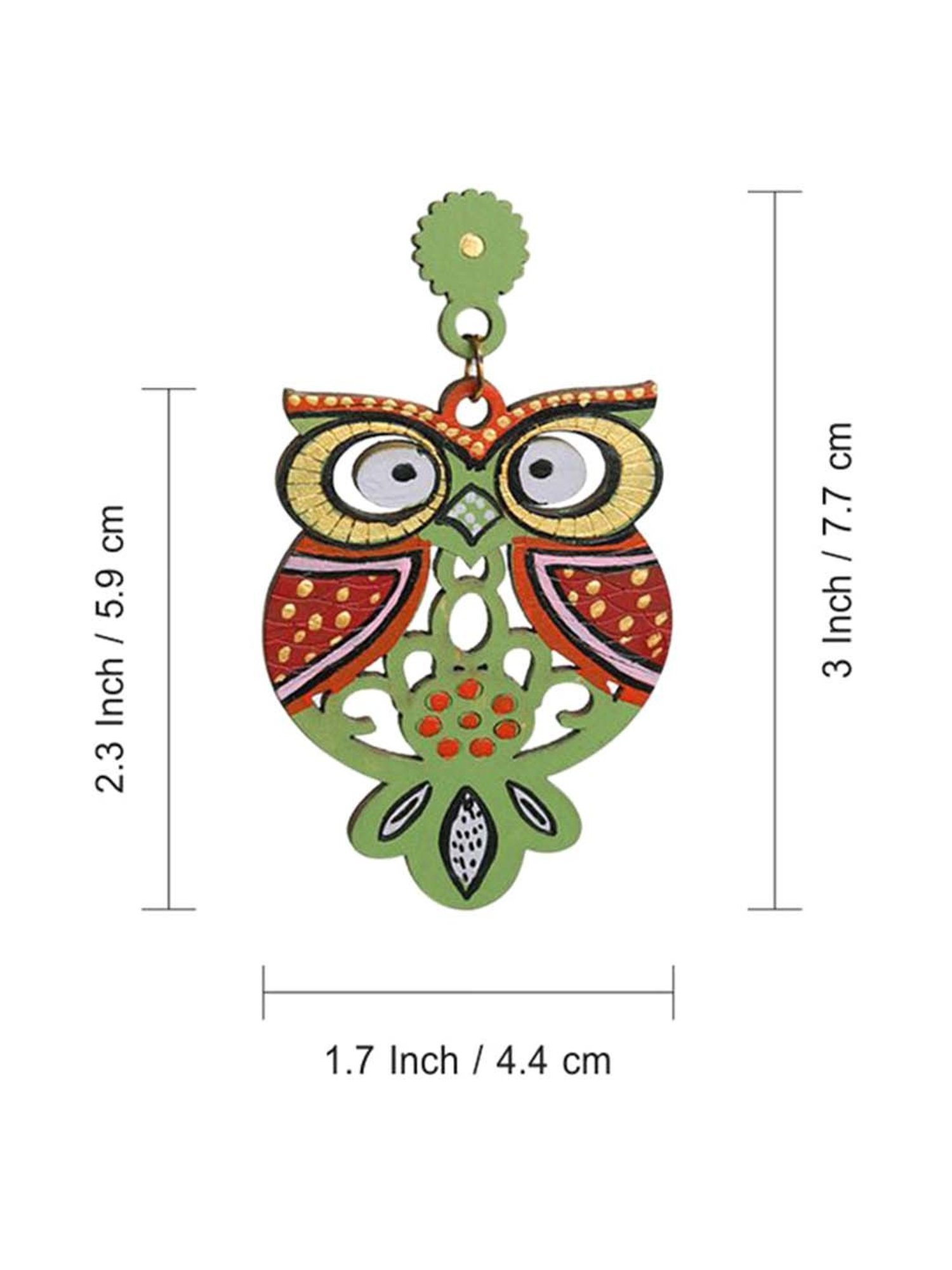 ExclusiveLane 'Symphony of Owls' Olive Green & Red Handpainted Earrings in Recycled Wood