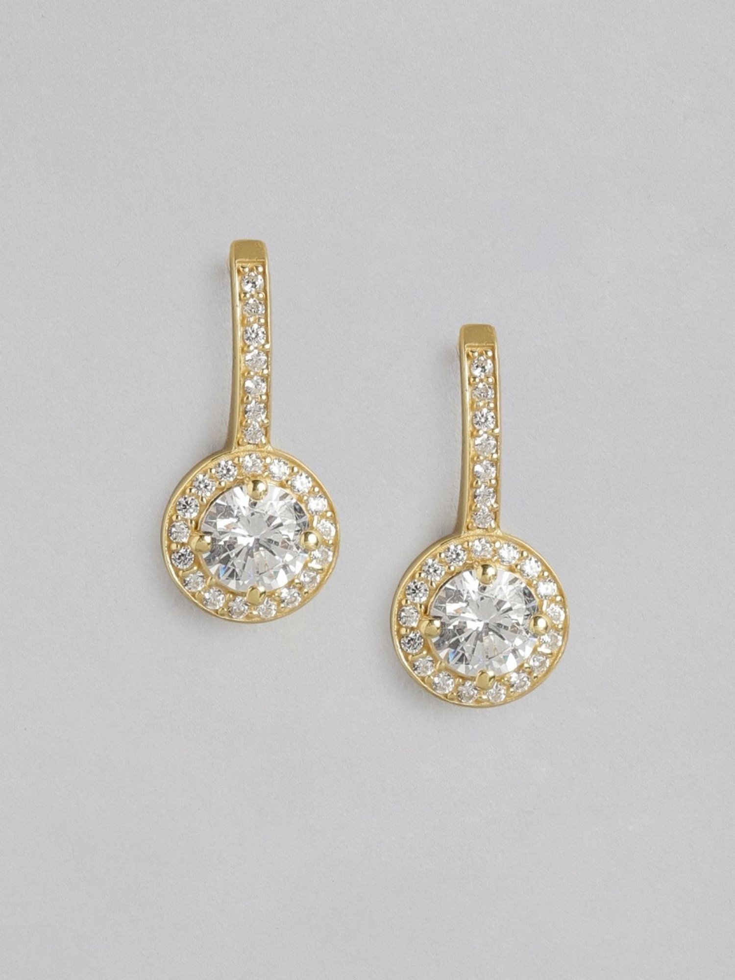 Zavya 92.5 Sterling Silver Sparkling Drops Solitaire Halo Gold-Plated Earrings