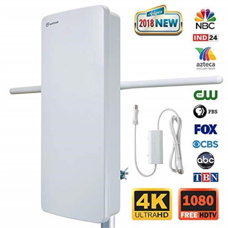 Outdoor HDTV Antenna-ANTOP 400-BV Flat Panel Amplified Antenna with Noise-Free 4G Filter for VHF Enhanced, 70 Miles Multi-Directional Reception Range, 39ft Detachable Coaxial Cable, Waterproof