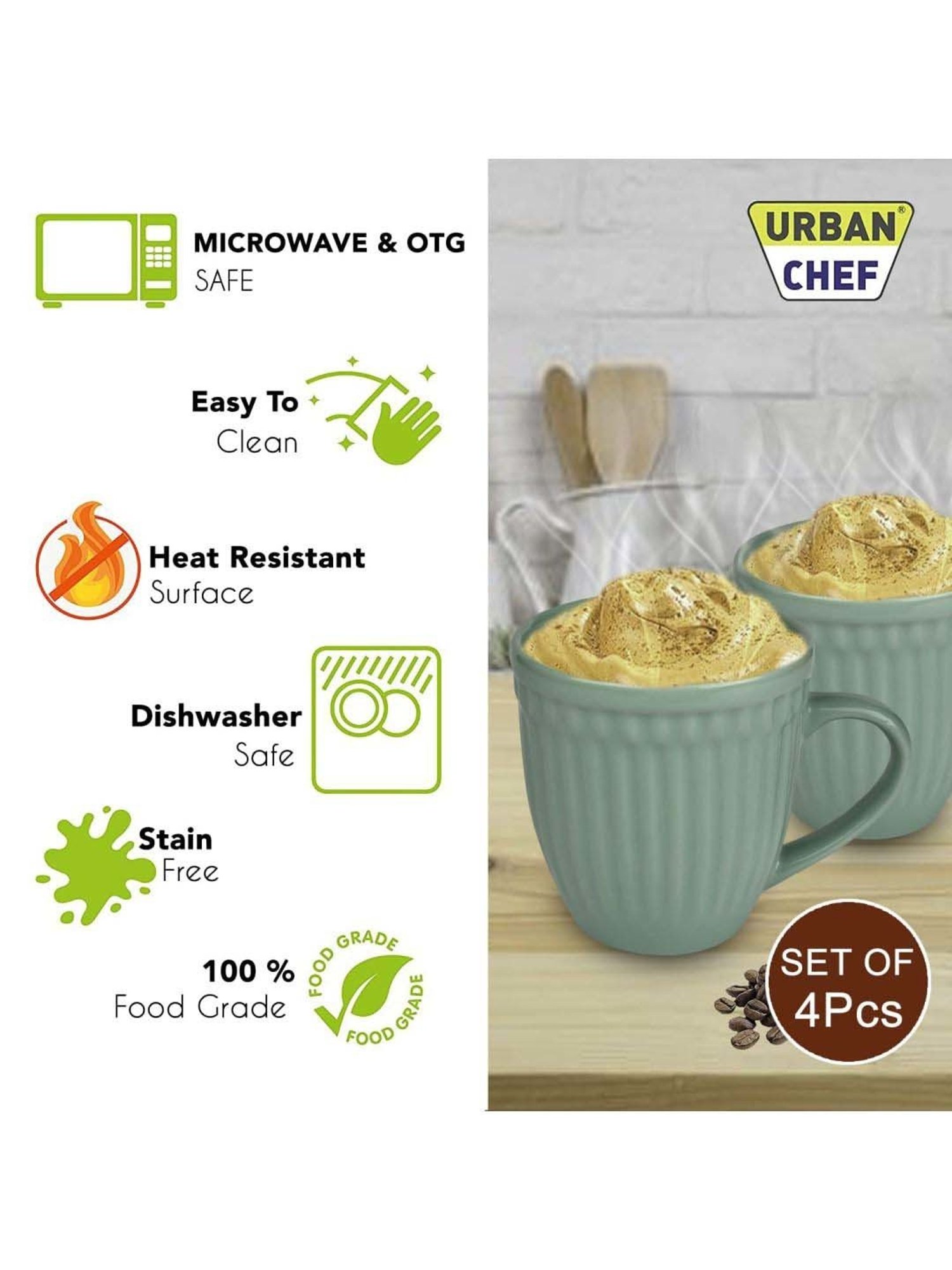 Urban Chef Green Ceramic Handcrafted Microwave Safe Tea Cup - Set of 4