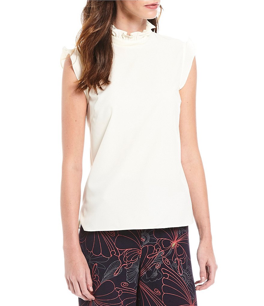 Julie Brown Juliana Stand Ruffle Mock Neck Flutter Shoulder Crepe Blouse