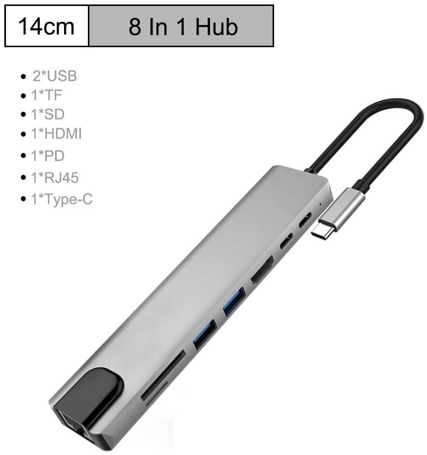 USB C Hub Multiport Adapter 8 in 1 Type C Docking Station Aluminum with 4K HDMI Output, RJ45,2 USB 3.0 Ports, SD/Micro SD Card Reader PD Charging Port Compatible for MacBook Pro,XPS