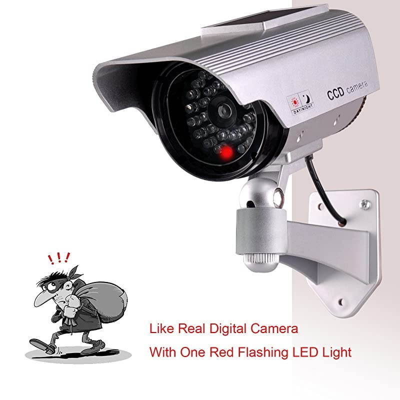 Dummy Fake Security Camera Solar Powered Fake Surveillance Camera with Flash LED Dummy Bullet Simulated CCTV CameraIndoor Outdoor Use Good for HomeOfficeShop Garage Silver Color
