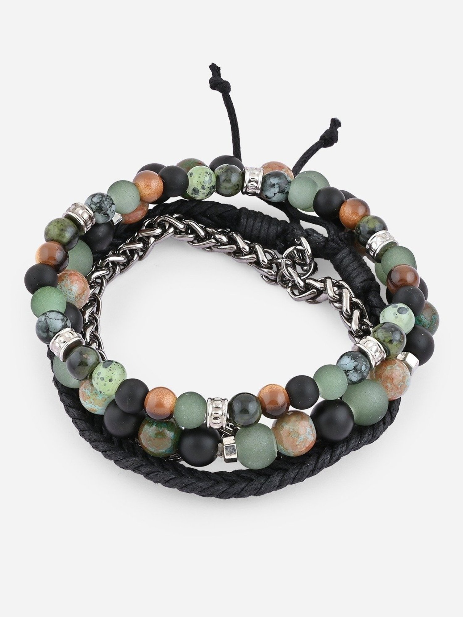 The Bro Code Aqua Green Party Men's Beaded, Cuban Link with Fabric Knotted Stack Bracelet - Set of 4