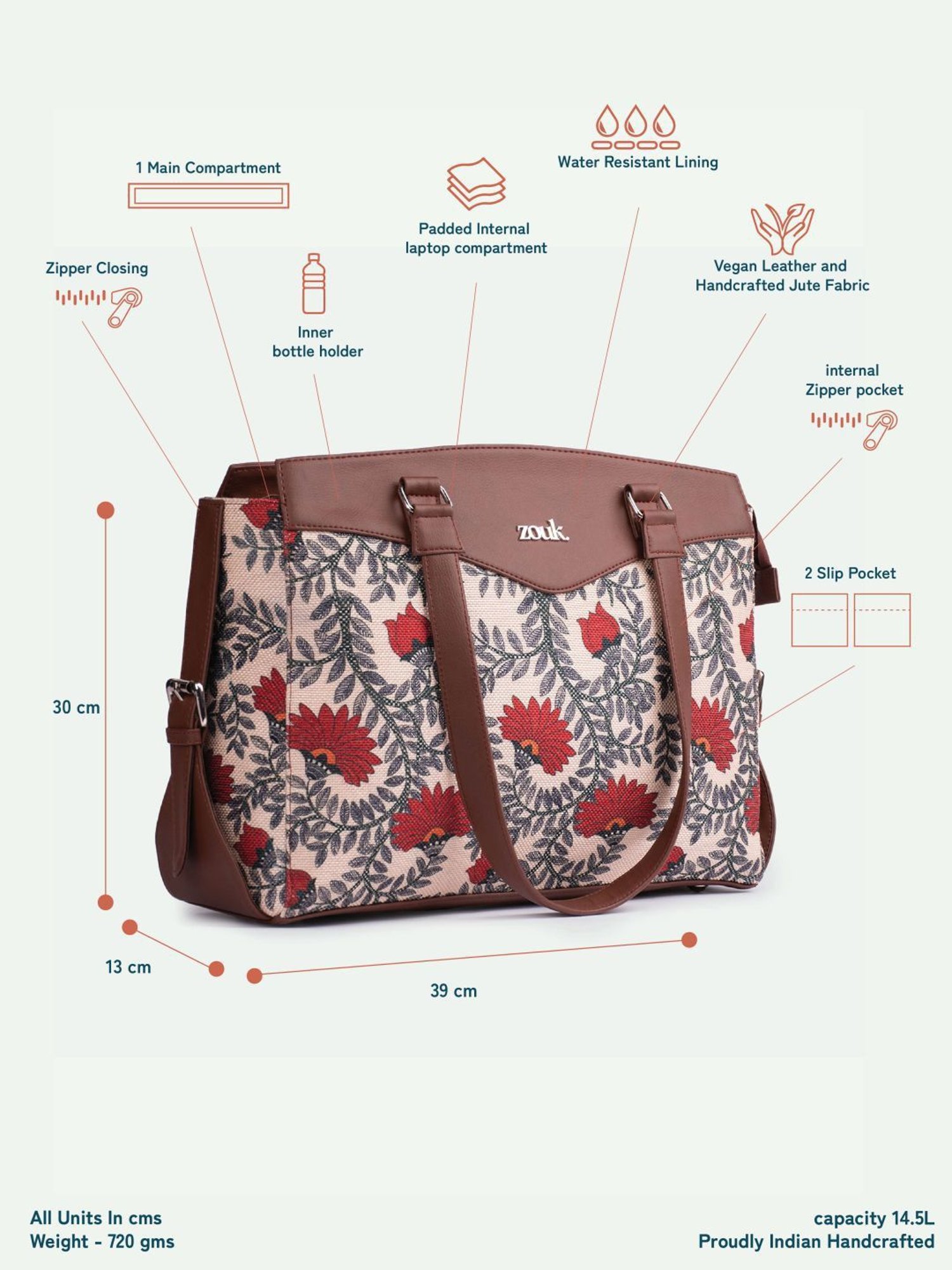 Zouk Nawabi Couture Beige & Red Jute Printed Tote Handbag