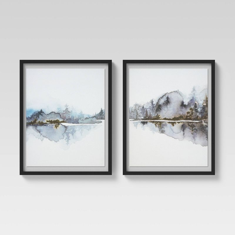 (Set of 2) 16" x 20" Watercolor Trees Float Mount Framed Wall Art Gold - Project 62™