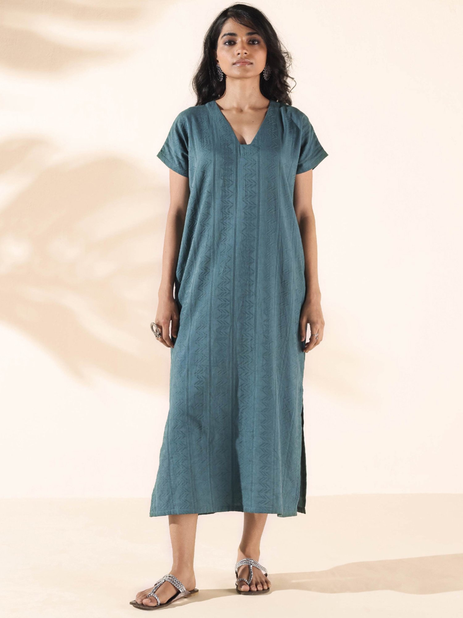true Browns Grey Cotton Self Pattern A-Line Dress