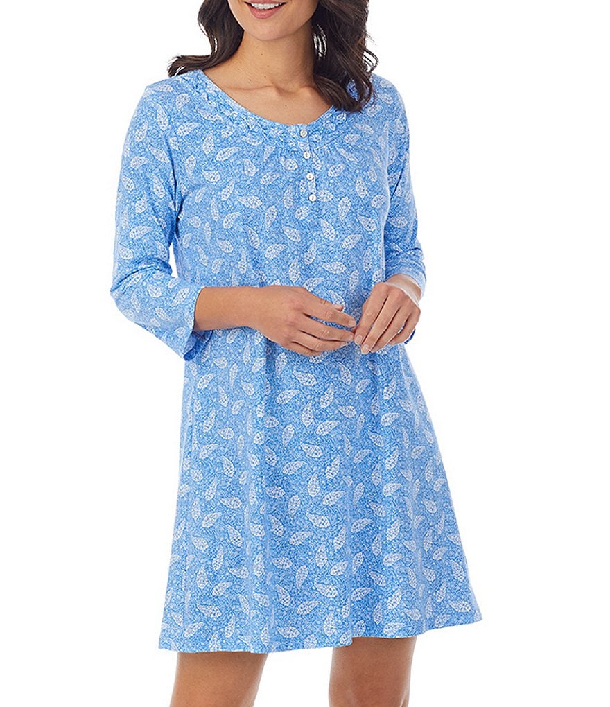 Carole Hochman Distressed Paisley Print Round Neck 3/4 Sleeve Jersey Knit Sleepshirt