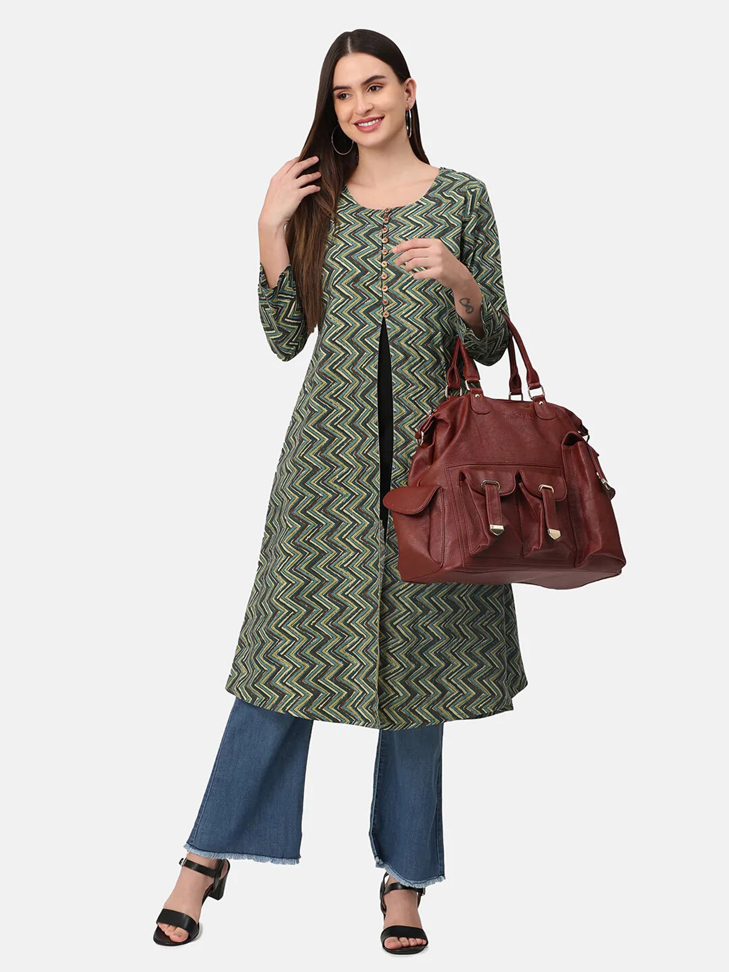 The Mom Store Green Striped Maternity Shacket