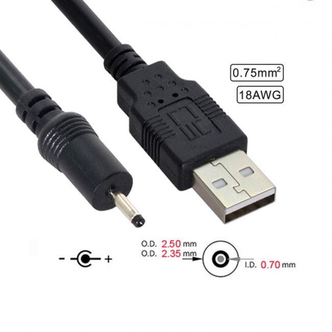 CY 18AWG 0.75mm*2 USB 2.0 A Type Male to DC 2.50mm 2.35mm 0.7mm Power Plug 5V Cable 100cm U2-035