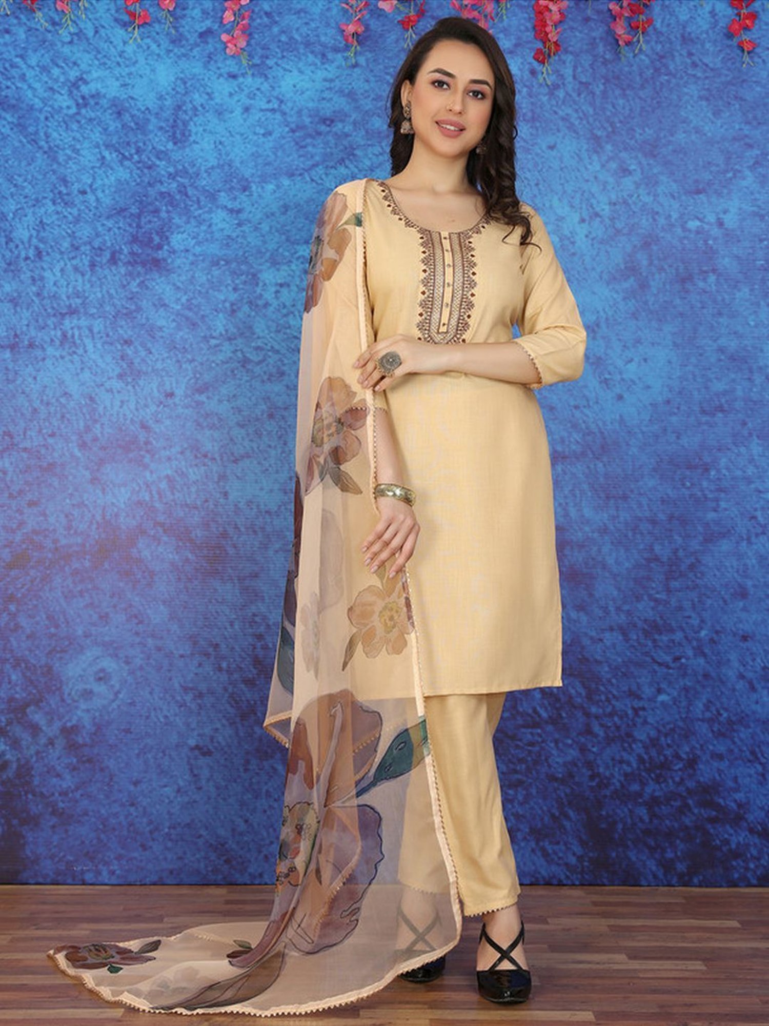 Skylee Beige Embroidered Kurta Pant Set With Dupatta