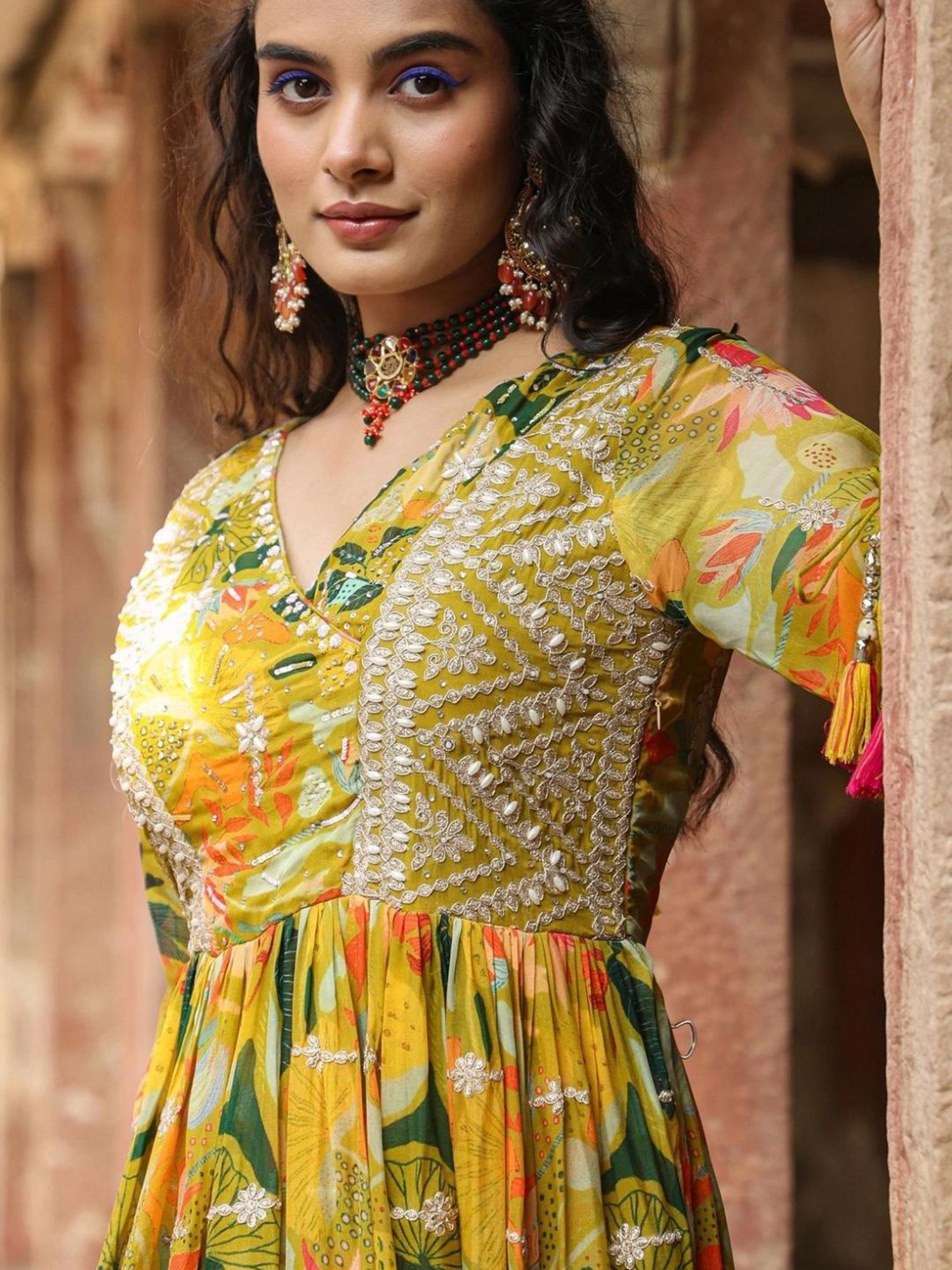 SCAKHI Lime Green Organza Floral Print & Gota Work Gathered Angrakha Gown