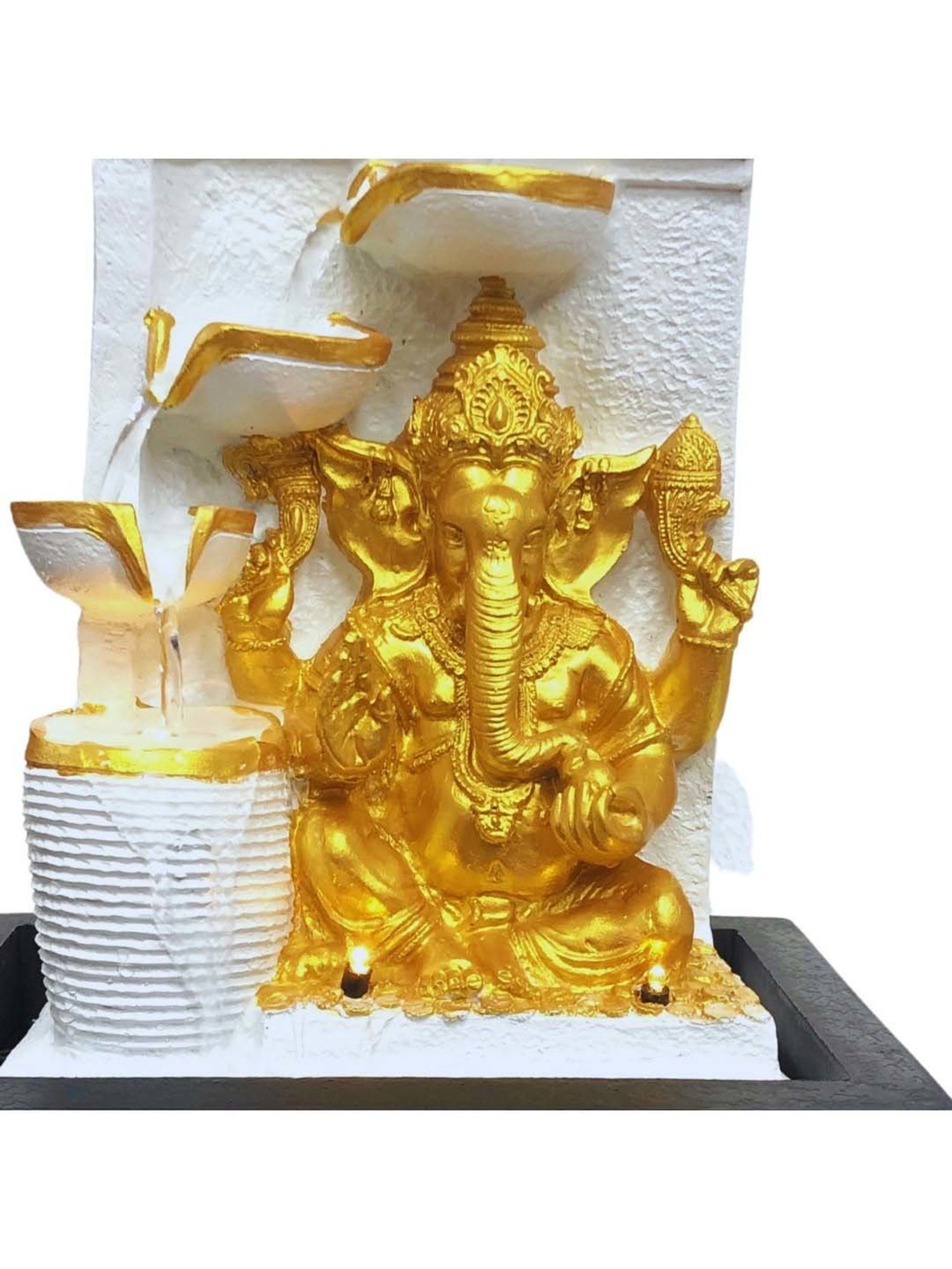 CHRONIKLE White & Gold Polyresin Ganesha Idol 4 Steps Waterfall Fountain
