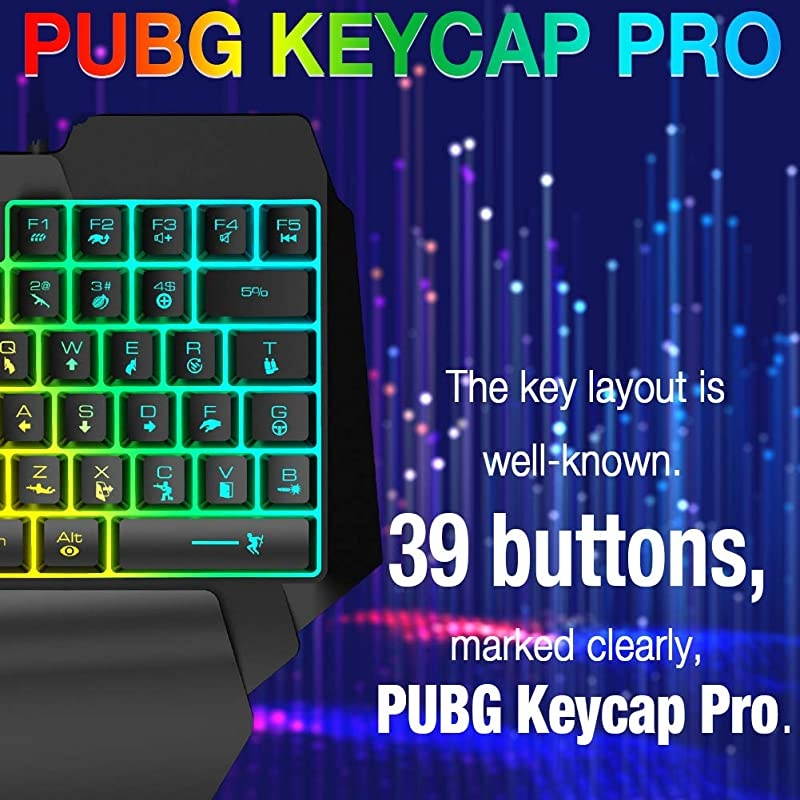 Hand Gaming Keyboard and Mouse Combo 39 Keys PUBG Keycap Version Wired Mechanical Feel Rainbow Backlit Half Keyboard Support Wrist rest USB Wired Gaming Mouse for Gaming