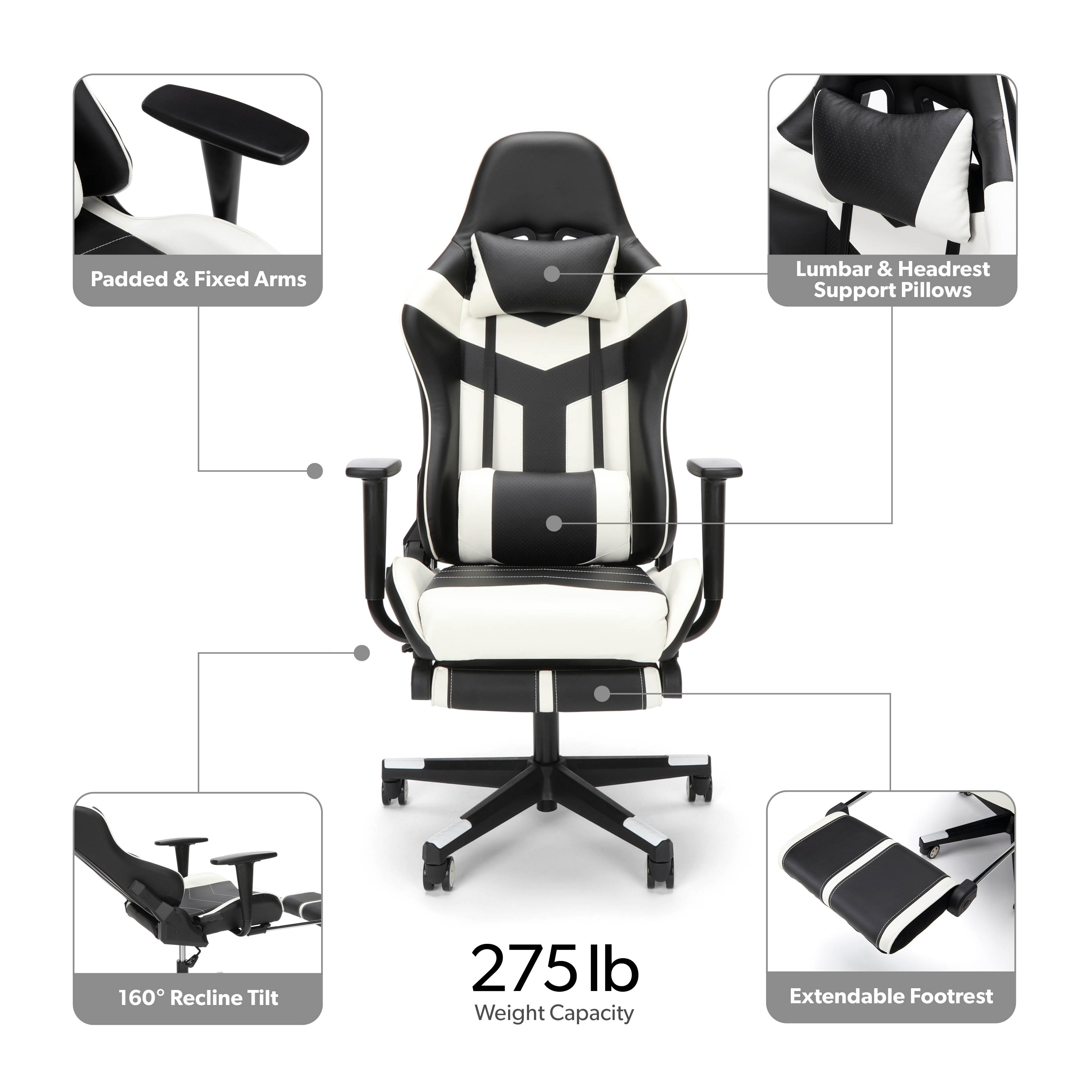 Essentials Collection High Back PU Leather Gaming Chair, with Extendable Footrest, in White (ESS-6075FR-WHT)