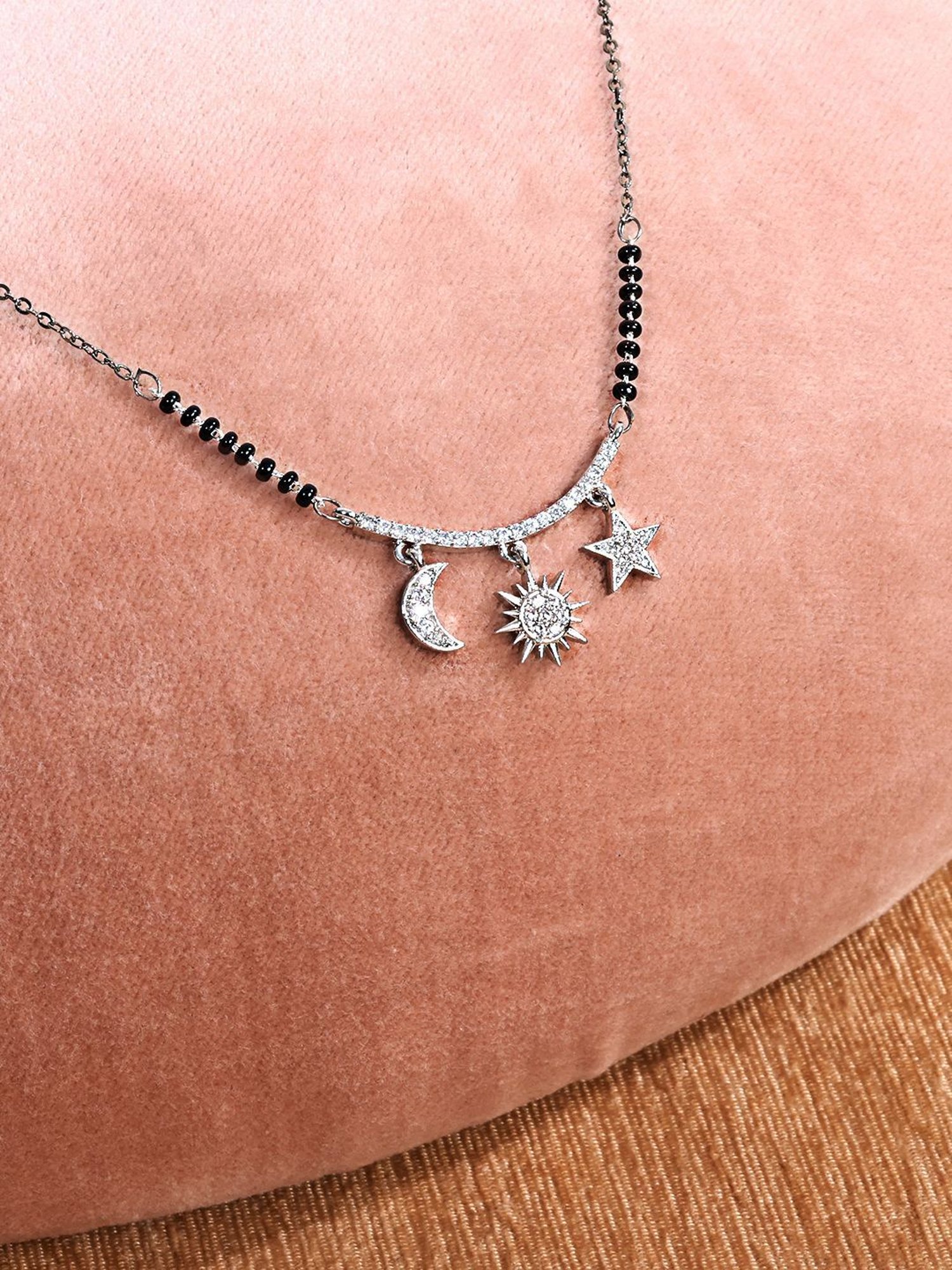 Abdesigns Silver-Plated Black Beaded American Diamond Mangalsutra