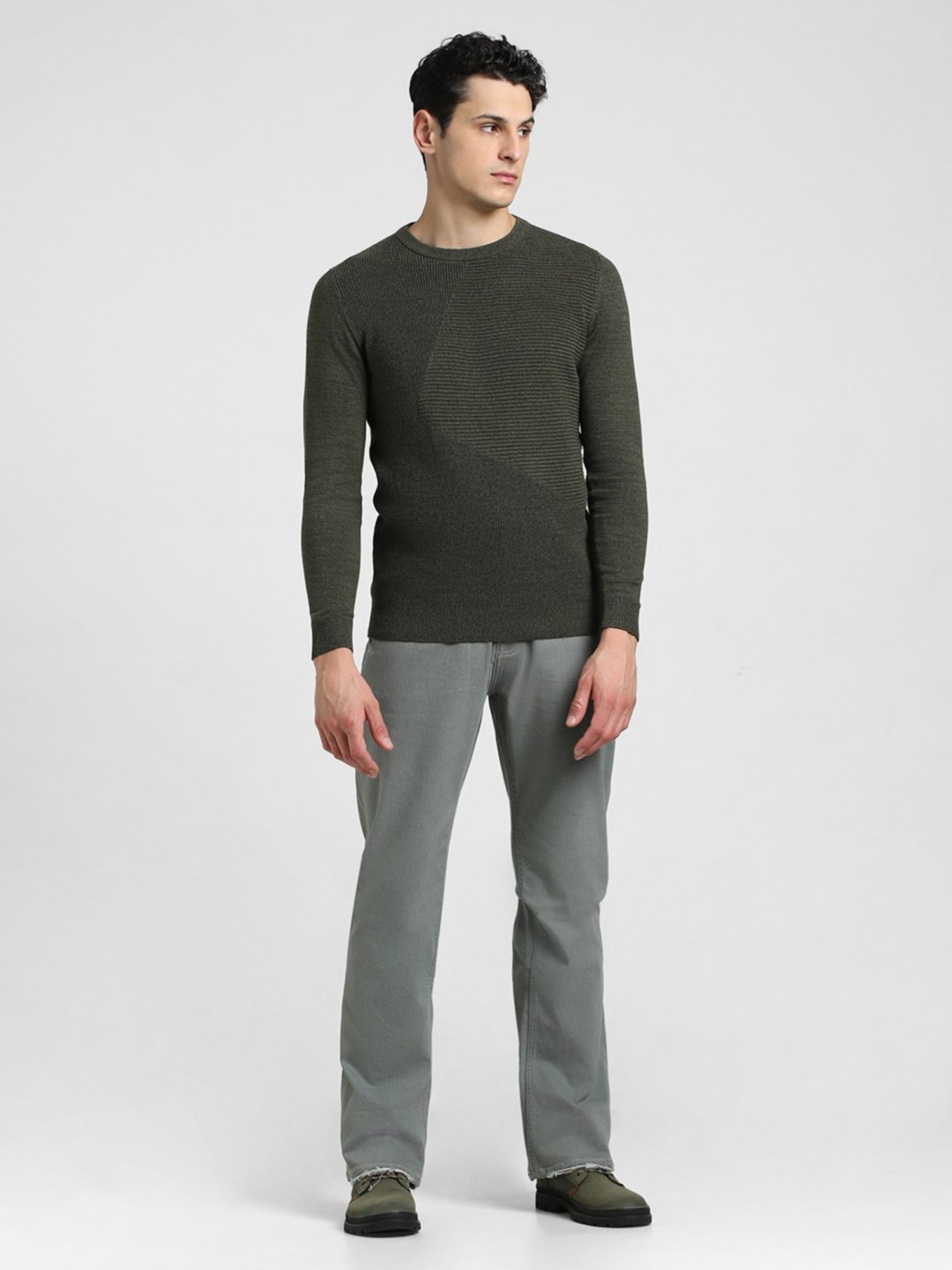 Jack & Jones Dusty Olive Slim Fit Textured Cotton Sweater