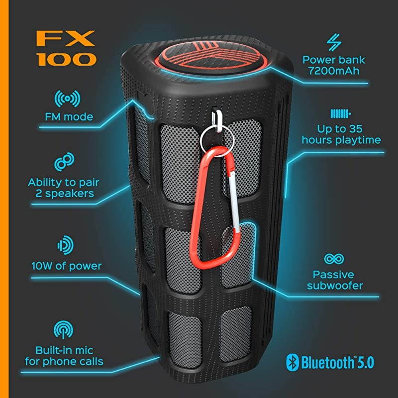 FX100 Extreme Bluetooth Speaker Loud Rugged for Outdoors Shockproof Waterproof IPX4 BuiltIn 7000mAh Power Bank HD Audio w Deep Bass Portable Wireless Blue Tooth Microphone Mic