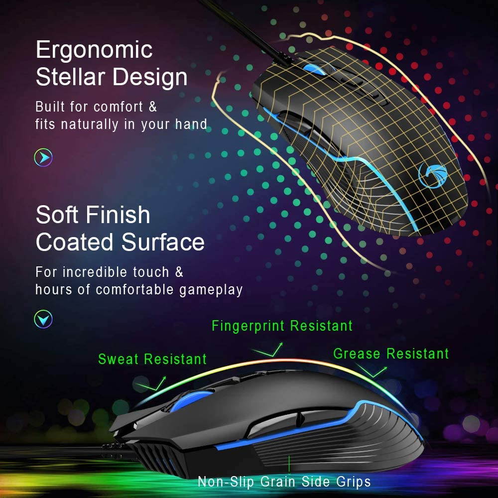 Wired Gaming Mouse, 7200 DPI, 7 Programmable Buttons, LED Backlit, Ergonomic Optical PC, Comfortable Computer Gaming Mice for Windows 7/8/10/XP Vista Linux, Black