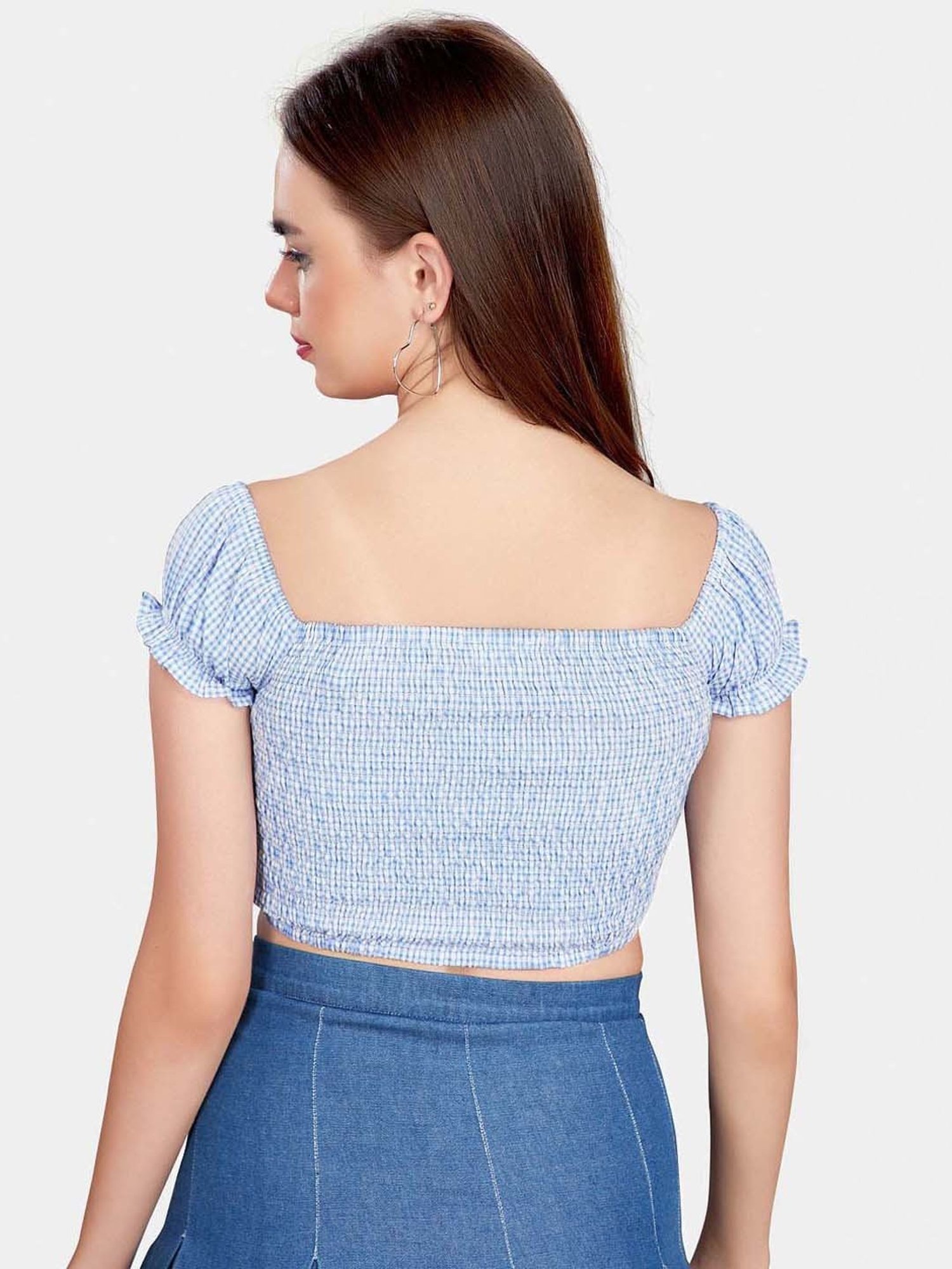 VASTRADO Blue Chequered Crop Top