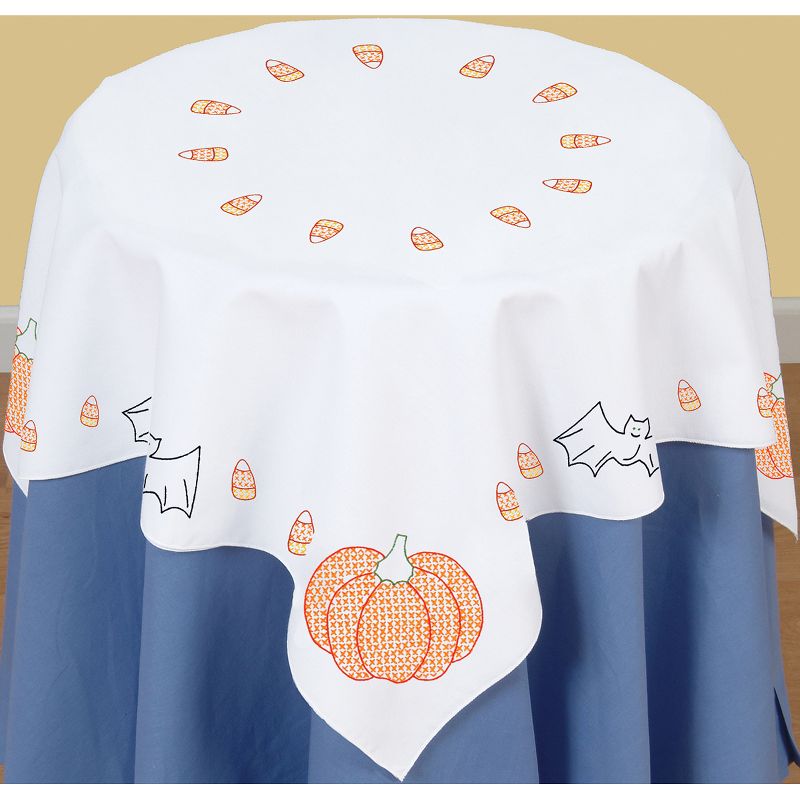 Jack Dempsey Stamped White Perle Edge Table Topper 35"X35"-Halloween