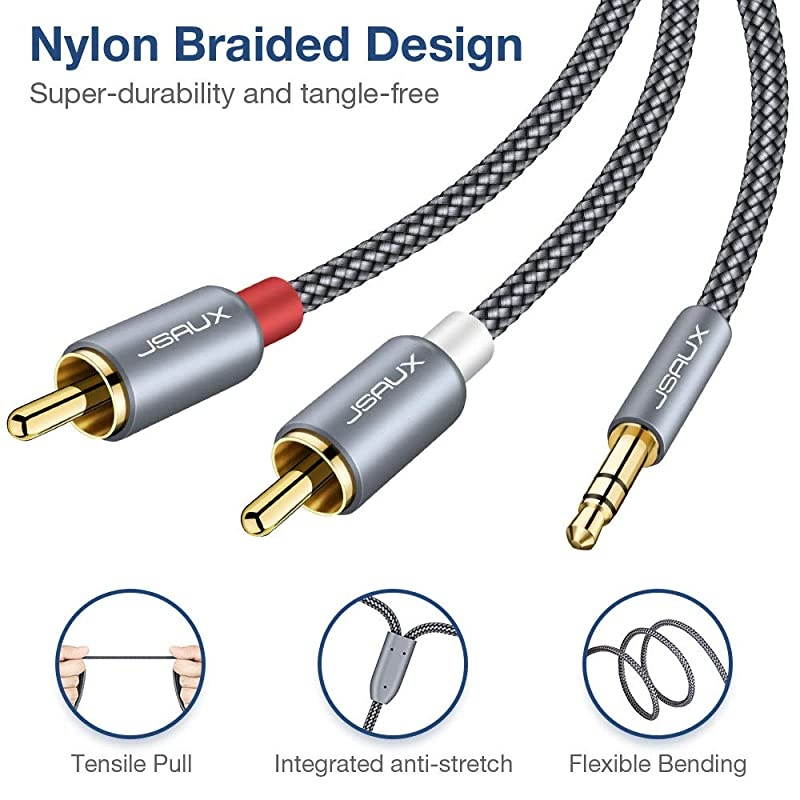 RCA Cable 4ft12M Dual Shielded GoldPlated 35mm Male to 2RCA Male Stereo Audio Adapter Cable Nylon Braided AUX RCA Y Cord for Smartphones MP3 Tablets Speakers HDTV Grey