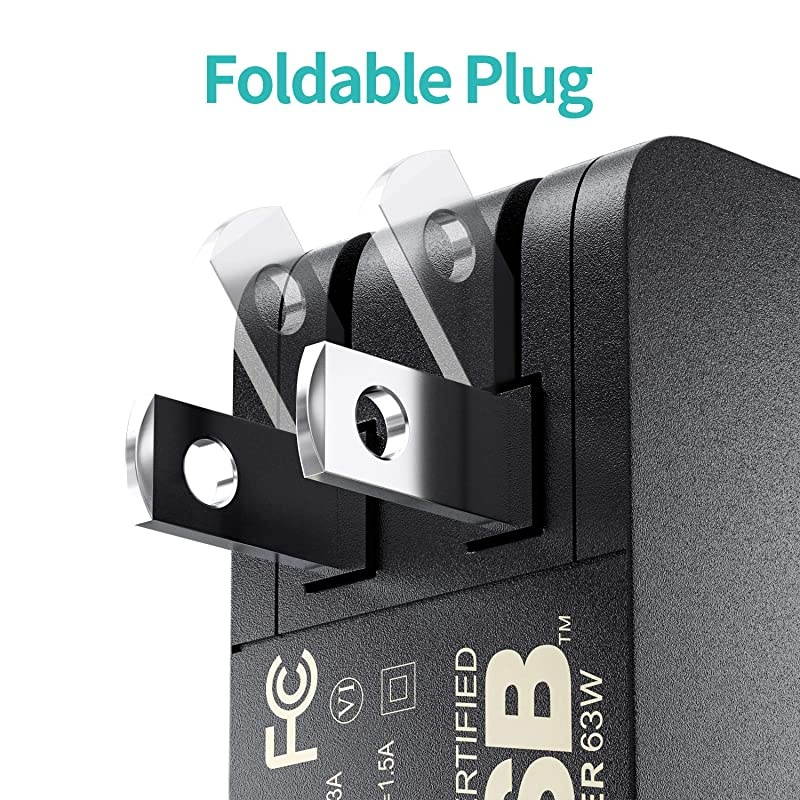 63W USB C Wall Charger with 45W Power Delivery Foldable Plug Charging Adapter with 66ft Type C Cable for MacBook Pro Dell XPS Surface Go Pixelbook iPad Pro Galaxy iPhone 11 Pro Max